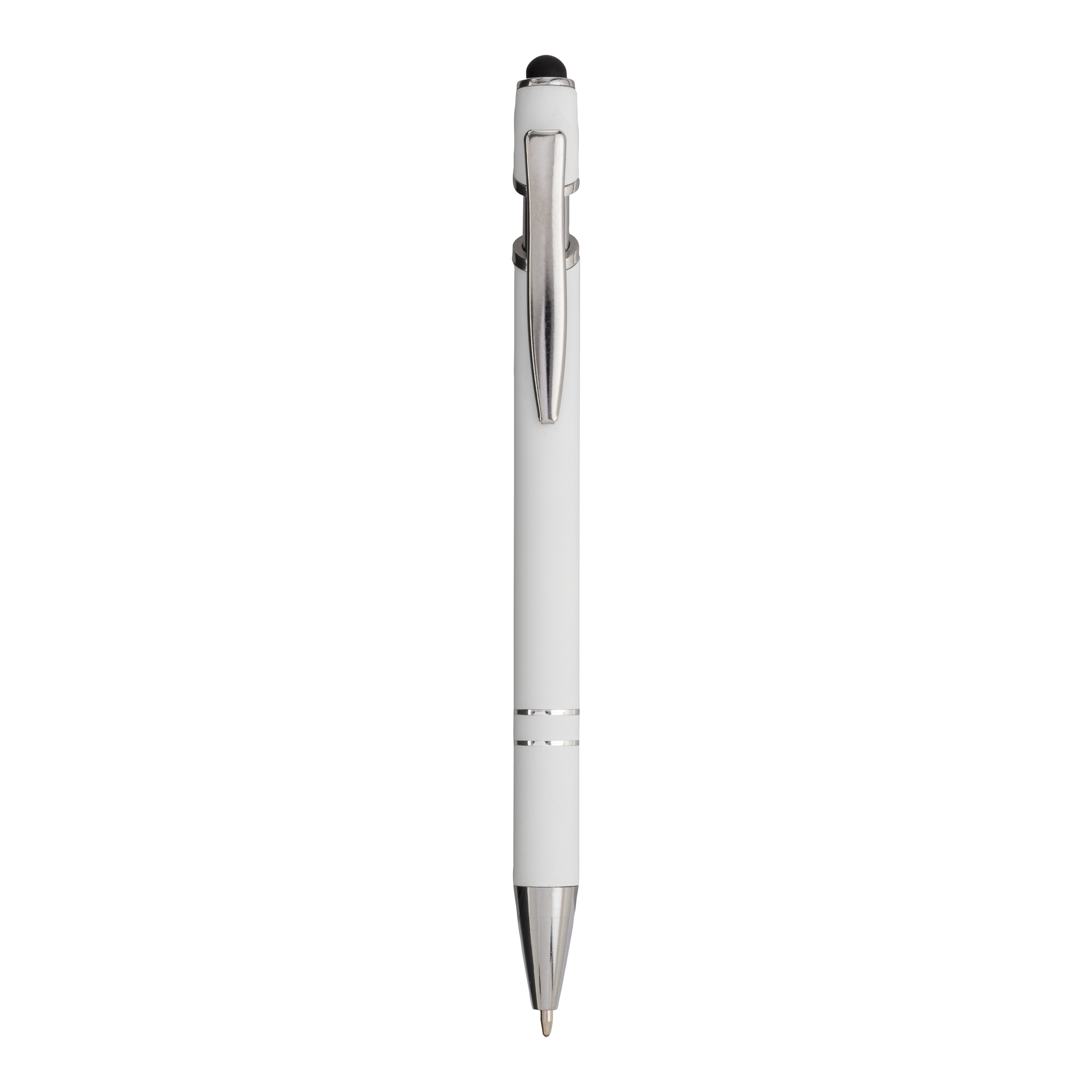 Rubberized aluminium snap pen with touch screen eraser and metal clip White