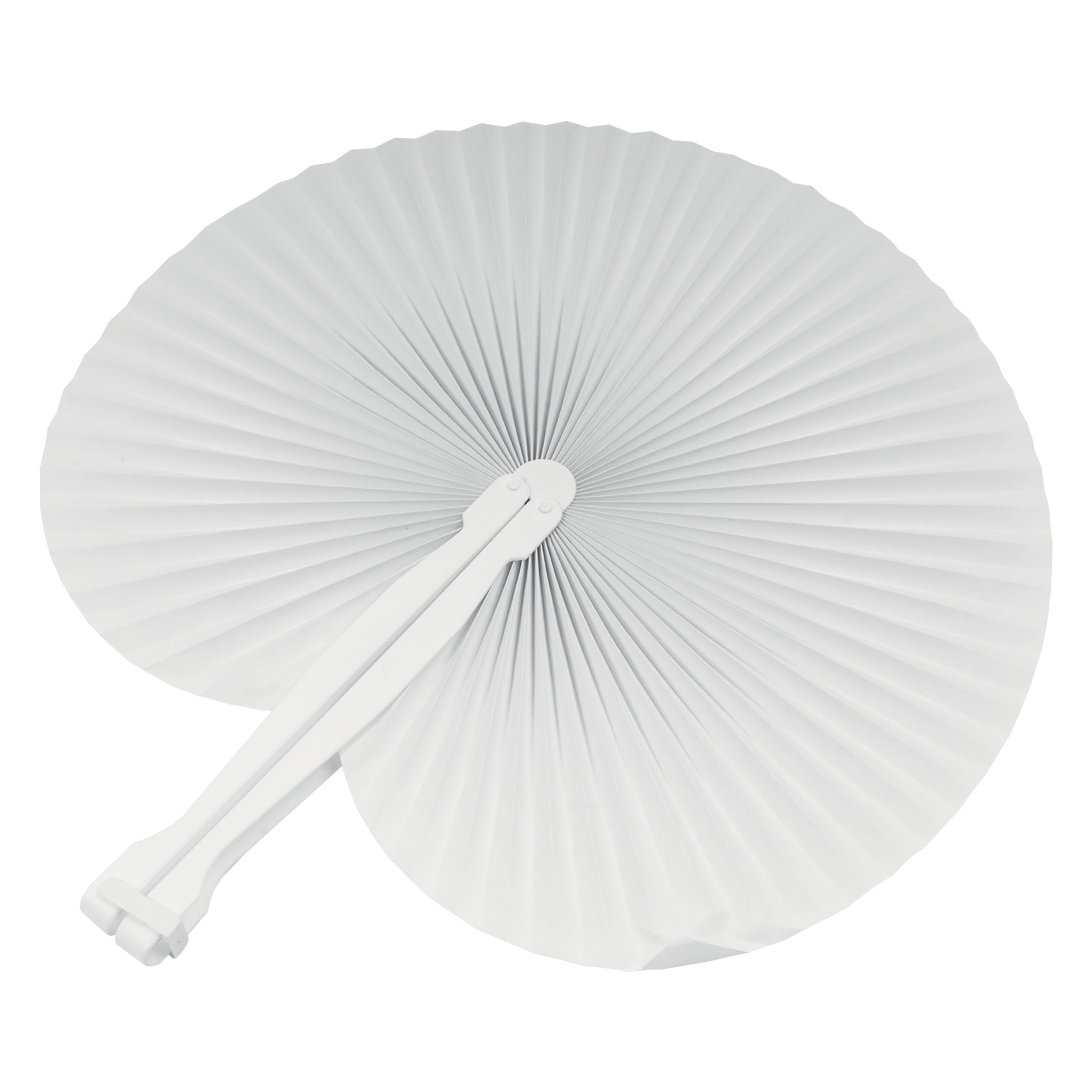 Coloured paper hand fan with white plastic handle, 26 cm long, 24 cm diameter when open White