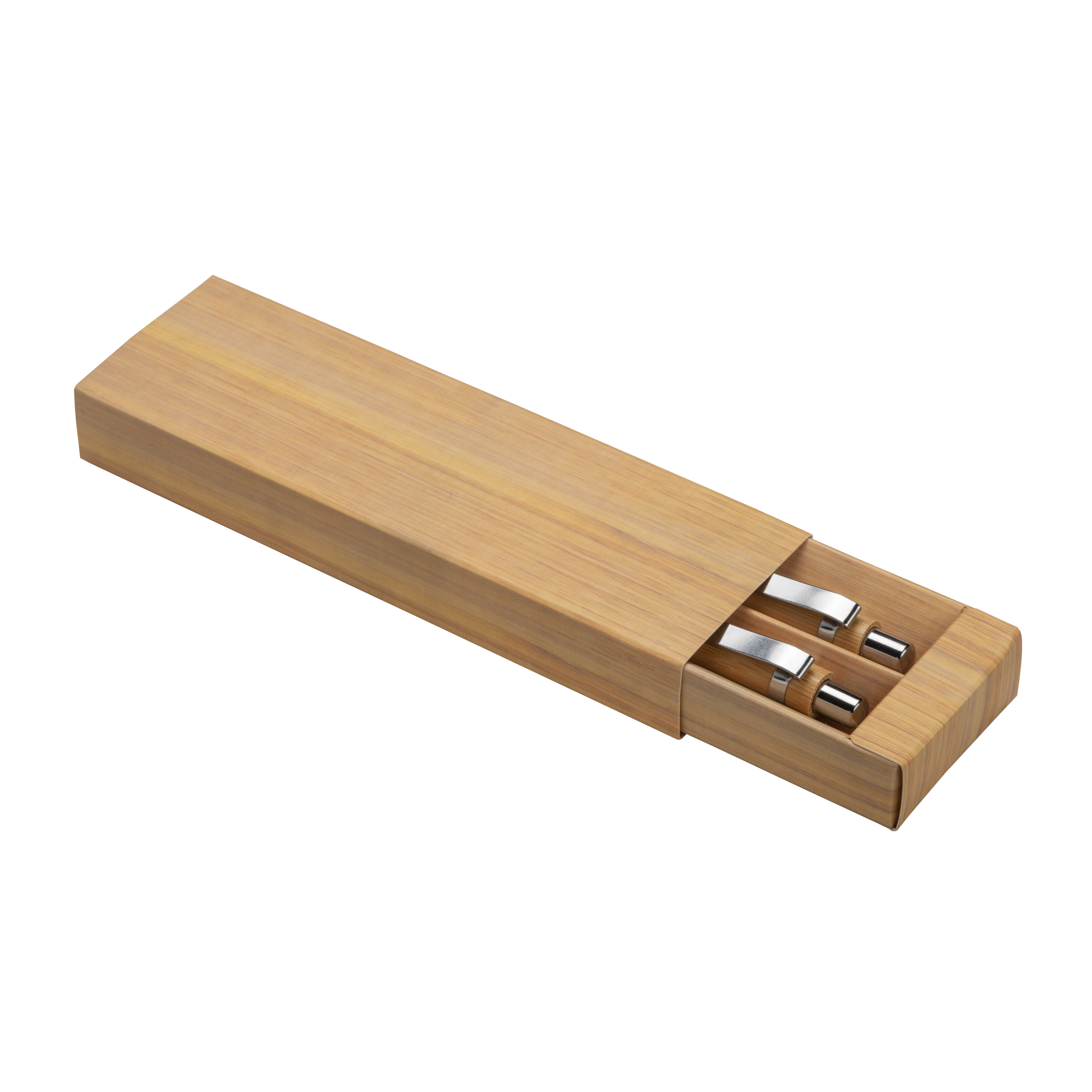 Set of two bamboo snap-in pens, one with touch screen eraser. Metal clip and black refill Natural