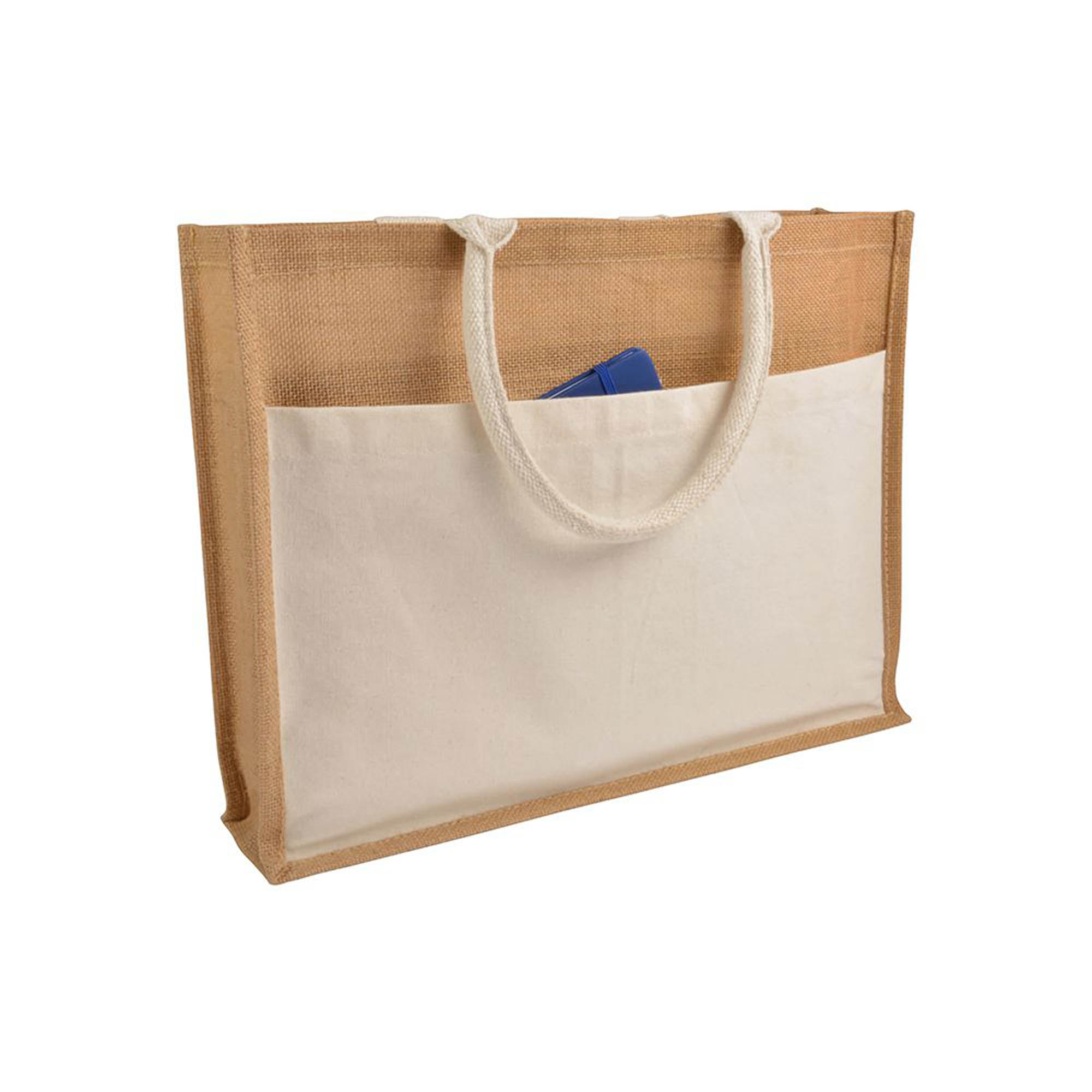 Jute shopping bag with waxed inner, gusset, handles and front pocket in natural cotton Natural