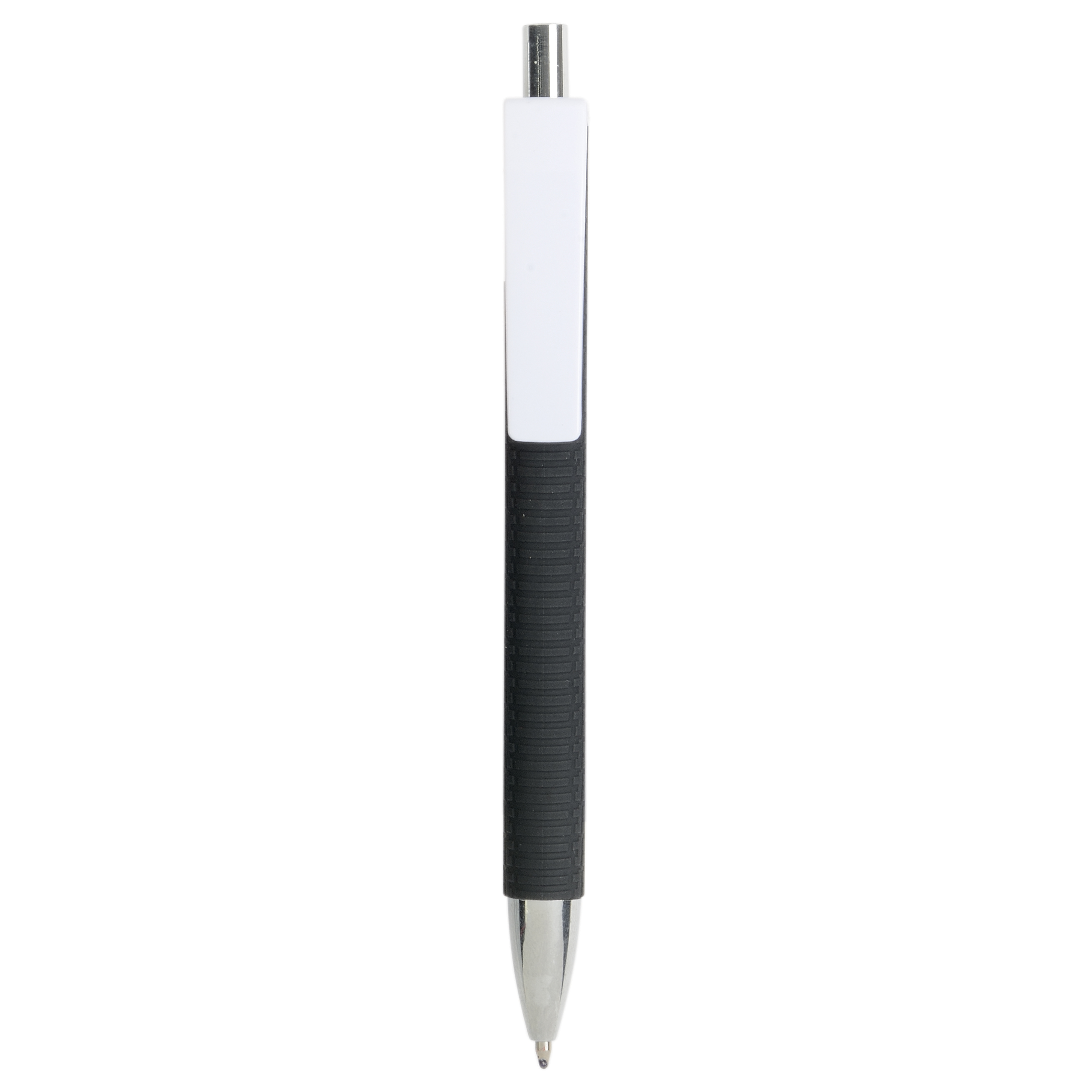 Plastic snap pen with tyre-effect rubberised black barrel and wide coloured clip White