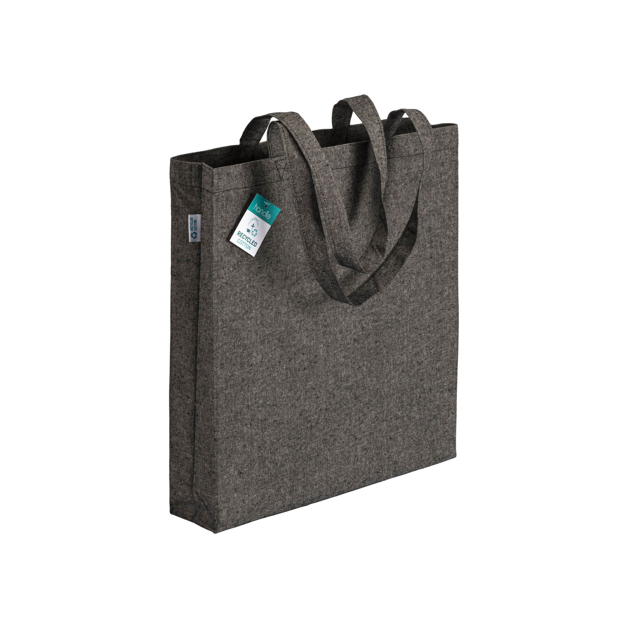 190 g/m2 recycled cotton shopping bag, long handles and gusset Black