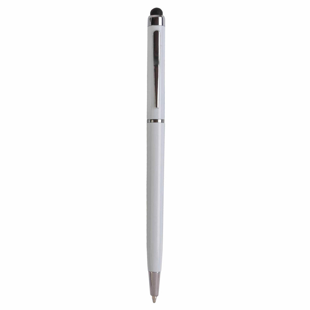 Plastic twist pen with touchscreen rubber tip and metal clip White