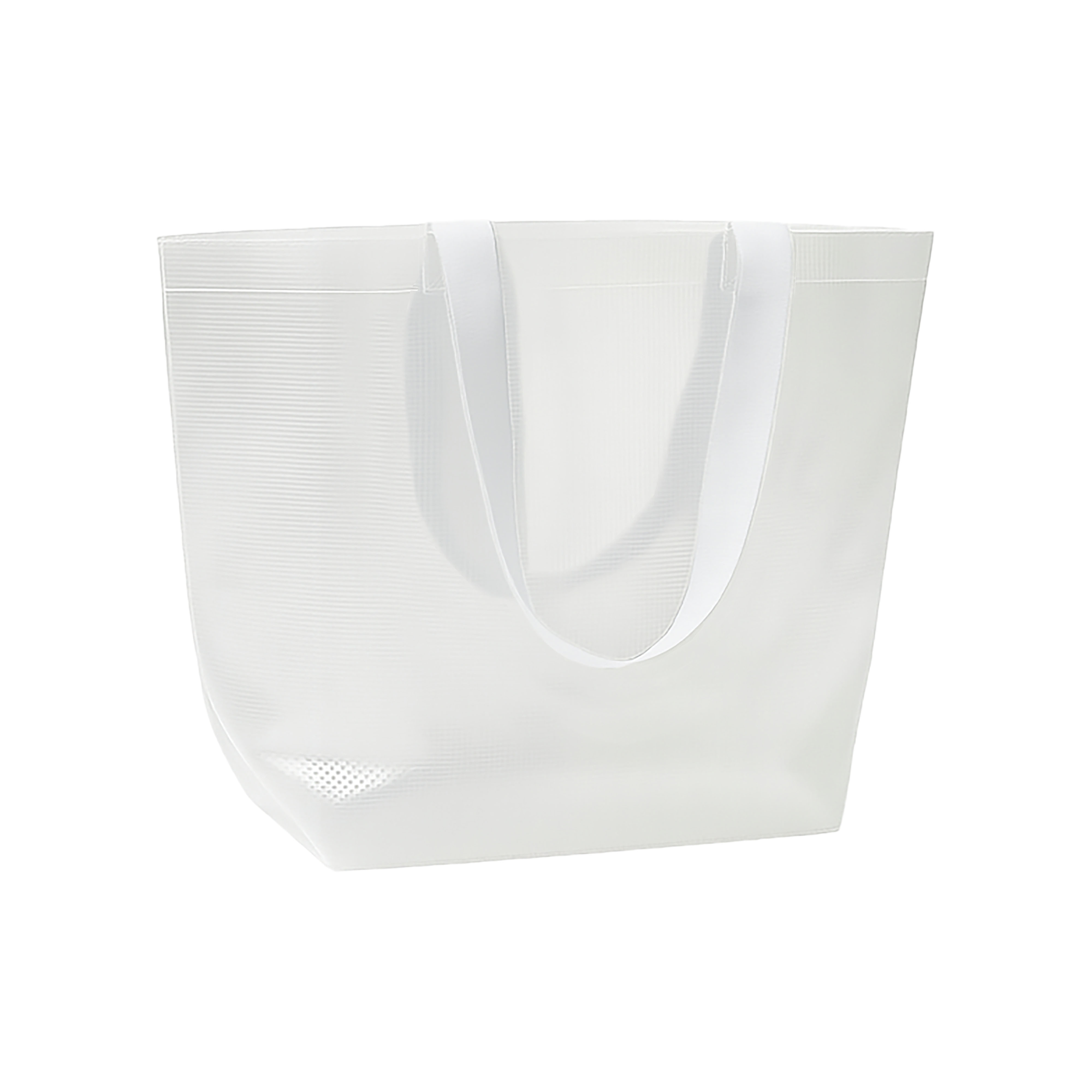 Transparent laminated PP shopper bag 110 g/m2. Long colored polyester handles and gusset White