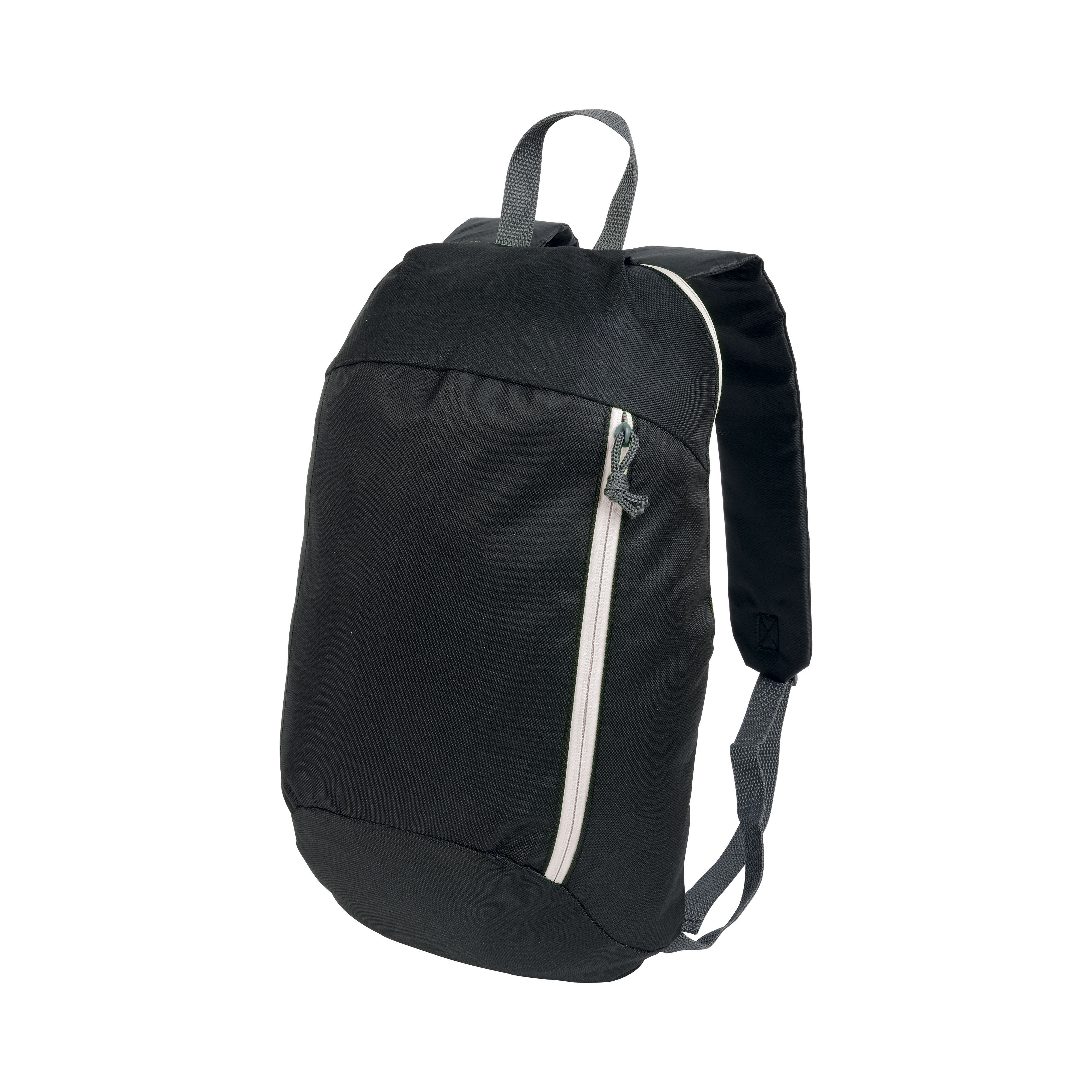 Black 600D polyester backpack with 2 pockets and coloured zips. Padded straps and back White
