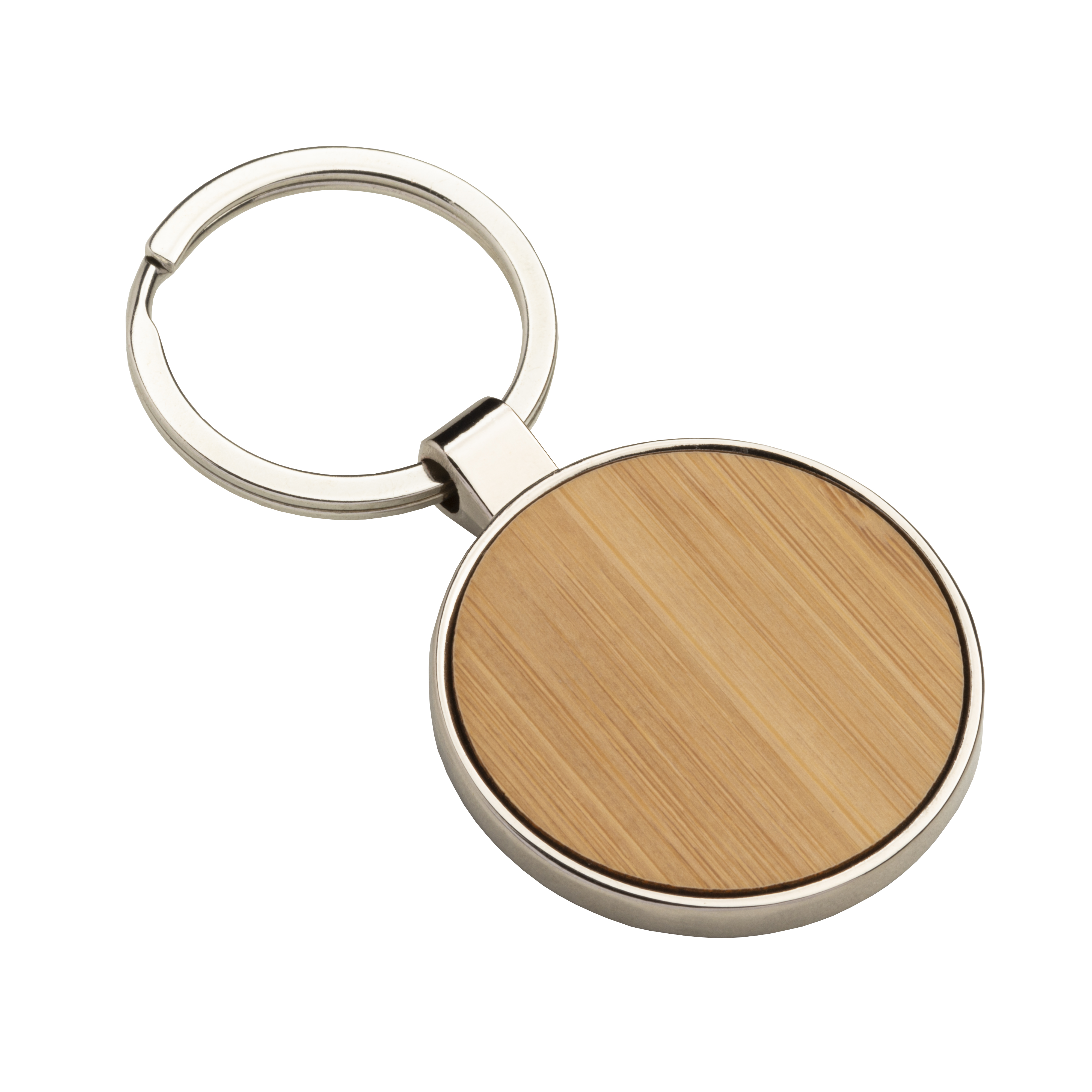 Round metal key ring with bamboo front plate detail Natural