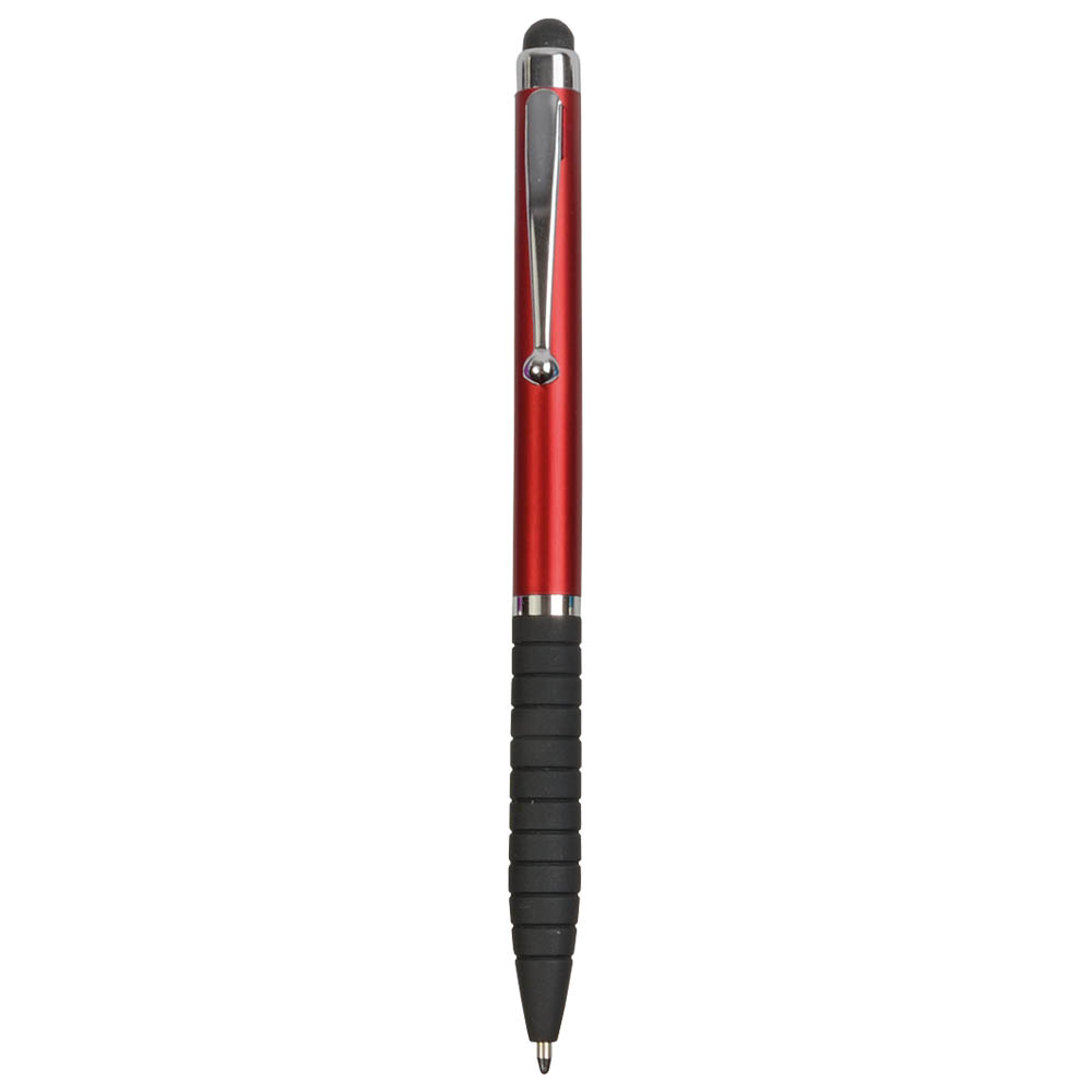 Plastic twist pen with rubberised grip and touchscreen rubber tip Red