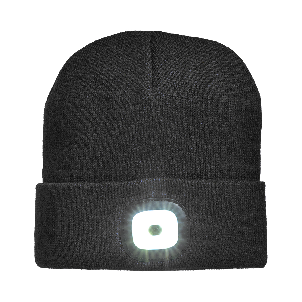 Heavy 100% acrylic knitted beanie with removable LED light, rechargeable via USB Black